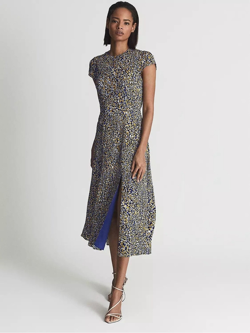 Reiss Navy and Yellow Printed Cap-Sleeve Midi Dress